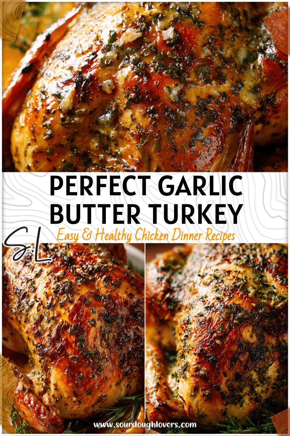 Golden roasted whole turkey coated in garlic herb butter surrounded by herbs and citrus for Thanksgiving dinner. 2